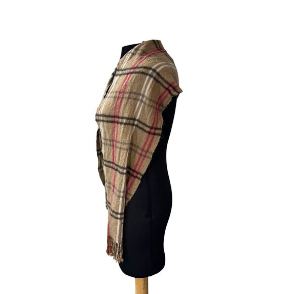 Plaid Pattern Beige Red & Black Fringe Scarf By Cejon 56" X 10" Acrylic Blend Ma - Picture 2 of 8
